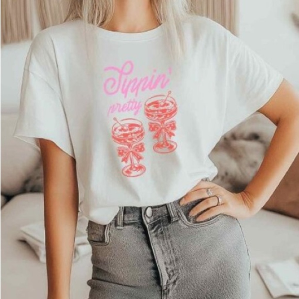 Euro Summer Coquette Graphic shirt White Graphic Tee with Pink and red Print